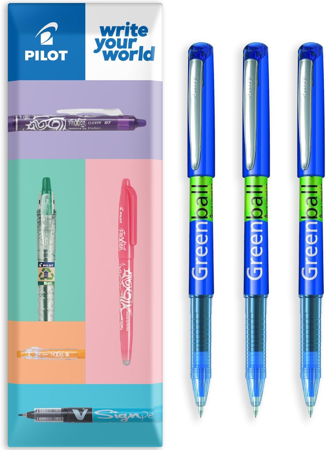 Pilot GreenBall Liquid Ink Rollerball Pen - Begreen Range 89% Recycled - Pack of 3 Pens - Medium 0.7mm Nib - Ideal for Writing, School, Home, Revision, Office. (Blue)