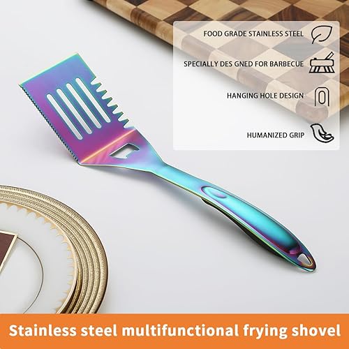 Miniatura 10 de Evanda Espátula de parrilla multifunción de acero inoxidable, mango resistente y duradero, resistente al calor, ideal para barbacoa al aire libre,