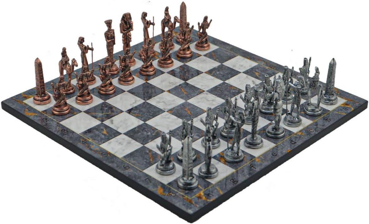 Metal Chess Set for Adults Ancient Egypt Pharaoh Antique Copper Figures,Handmade Pieces and Different Pattern Wooden Chess Board King 3.4 inc (Gray Marble)