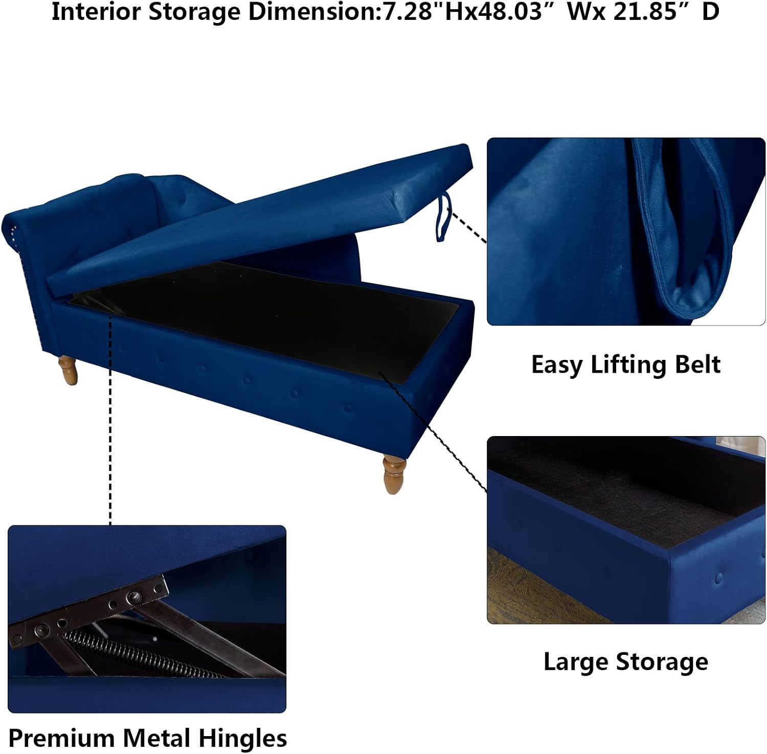Velvet Bedroom Bench with Storage,Rolled Arm Storage Bench for Bedroom End of Bed Entryway Window,Modern Mid Century Chaise Lounge Indoor Chair with Storage for Bedroom,Office (Blue Velvet)