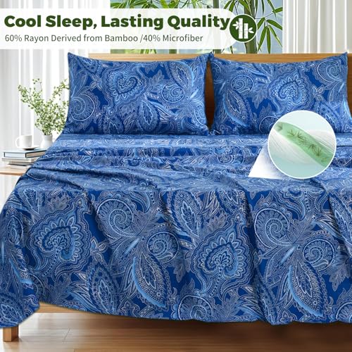 Image of Bedlifes Extra Deep Pocket 18-24 inch King 4-Piece Sheet Set - Cooling Sheets Blend Rayon Derived from Bamboo Soft & Breathable,Featuring Paisley Dark Navy Blue