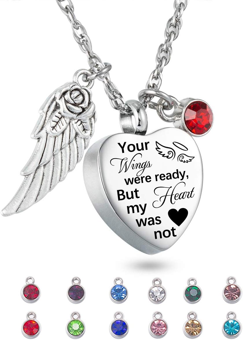 Cremation Jewelry for Ashes Heart Urn Necklace & 12 Birthstones Your Wings were ready my heart was not Crystal Keepsake Jewelry