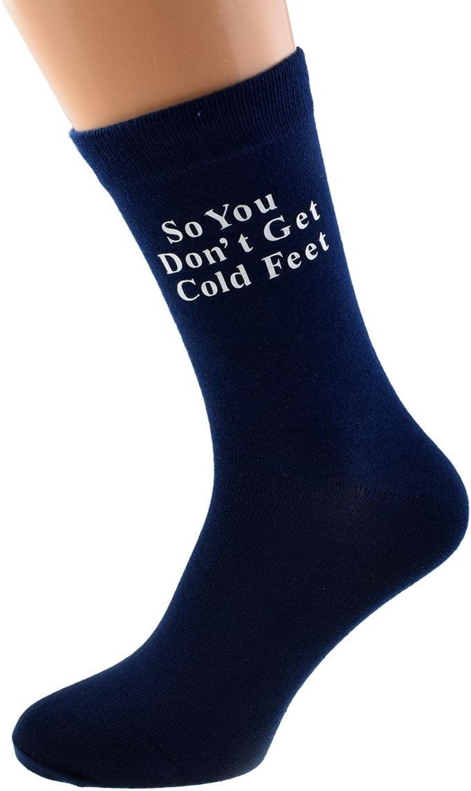 So You Don't Get Cold Feet Navy Blue Mens Wedding Cotton Rich Socks Printed in White