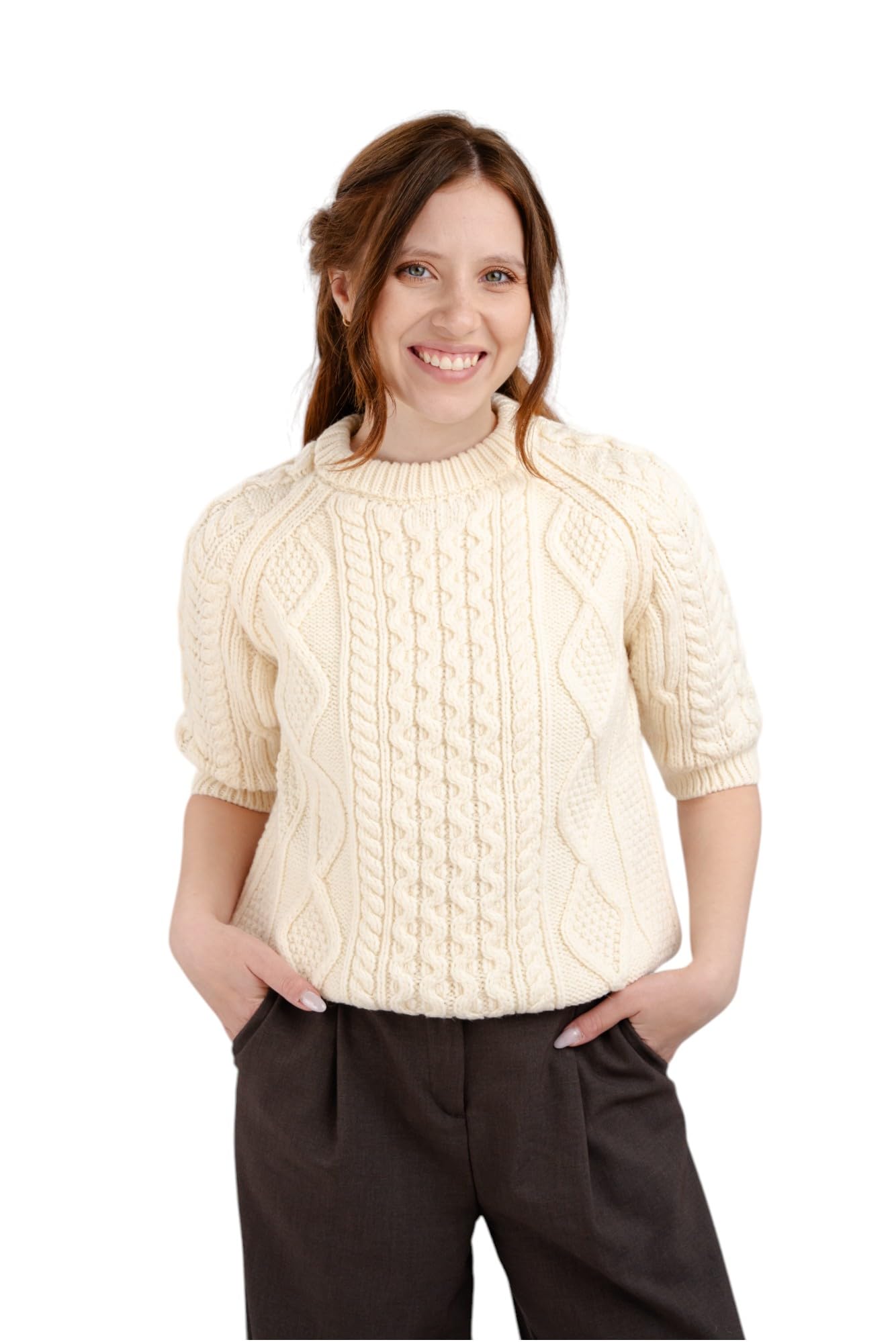 Traditional Irish Sweater for Ladies Short Sleeve Cable Knit - 100 Merino Wool