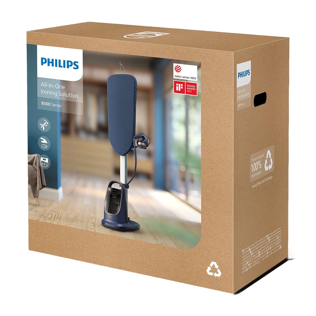 Philips All-in-One Zestaw do Prasowania 8500 – Deska z Regulacją Kąta, Technologia OptimalTEMP, Odłączana Podstawa, Zabija 99,9% Bakterii i Roztoczy, Ciemnoniebieski (AIS8530/20)