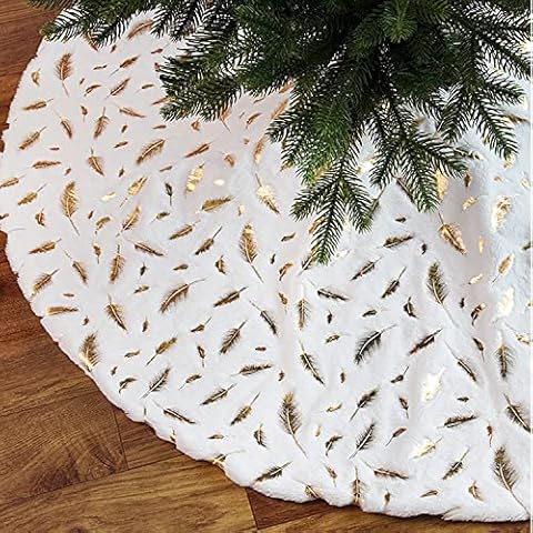 Mavicen Christmas Tree Skirt, 48 Inch Luxurious Faux Fur Christmas Tree Skirt with Gold Feather Embroidery, Large White Plush Christmas Tree Stand Tree Skirts for Christmas, Party, Holiday, Ornaments Cover