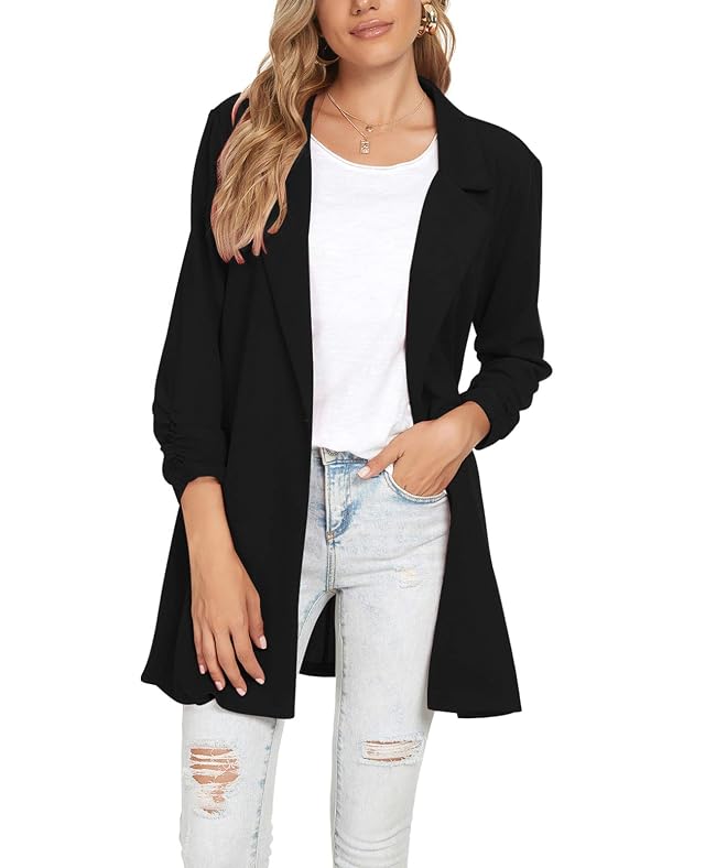 Unifizz Women Long Blazers for Business Casual 3 4 Sleeve Button Front Notch Lapel Lightweight Work Office Blazer