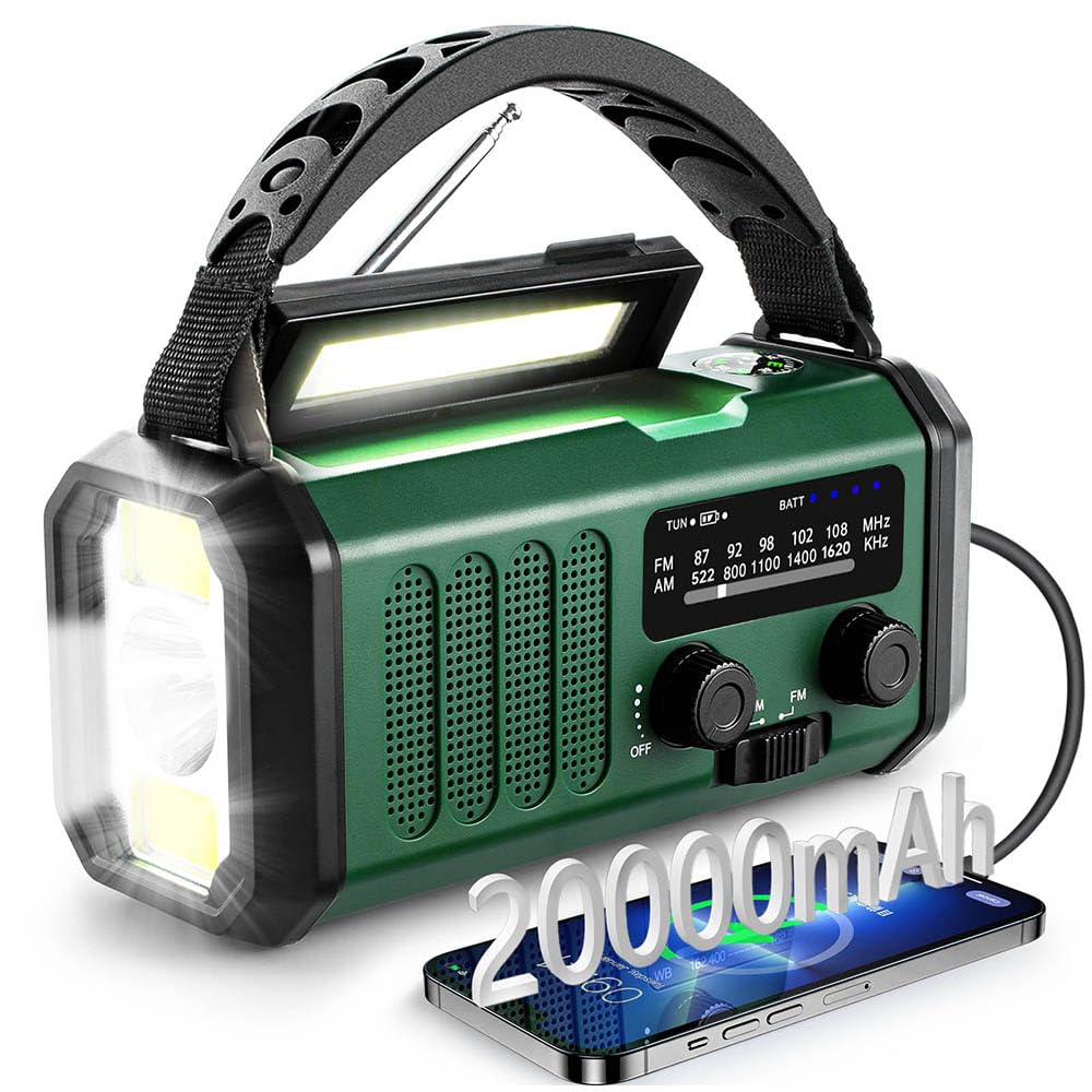 Radio AM/FM/WB Portatile Emergenza Solare,Winnes Radiolina a Manovella Dinamo con Batteria da 20000 mAh per Ricarica Telefono di Emergenza Outdoor Allarme SOS e Torci,LED Lampada da lettur - (Verde)