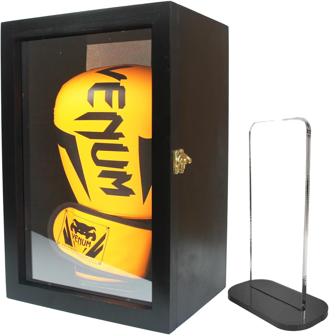 LITAITAI Boxing Glove Display Frame Case Lockable Wooden Rack Stand Black