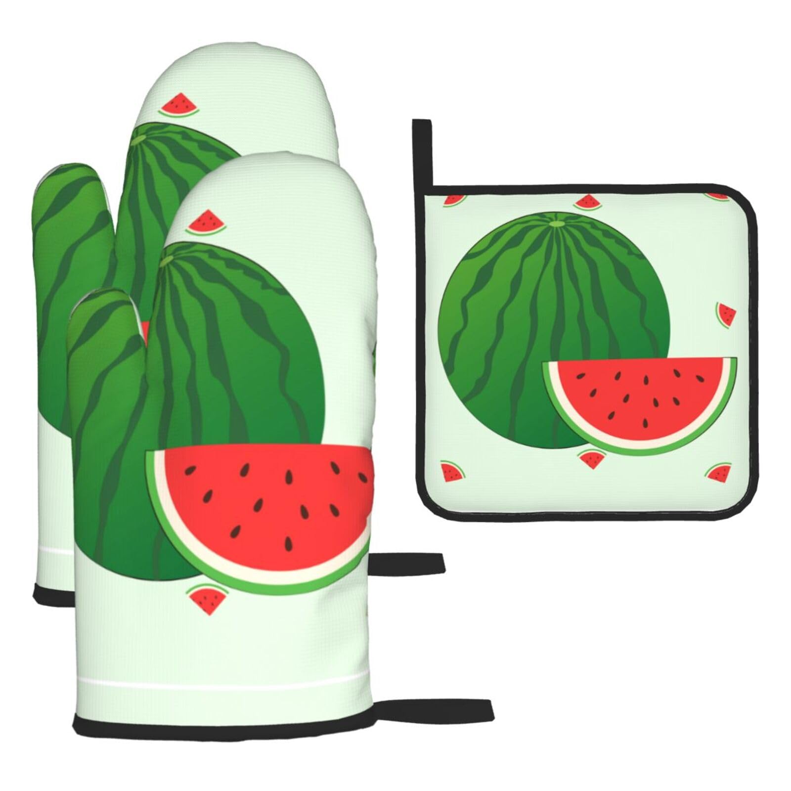 cartoon watermelon Oven mittens and oven mitts three-piece set suitable for oven, grilling, baking, microwave and home cooking.
