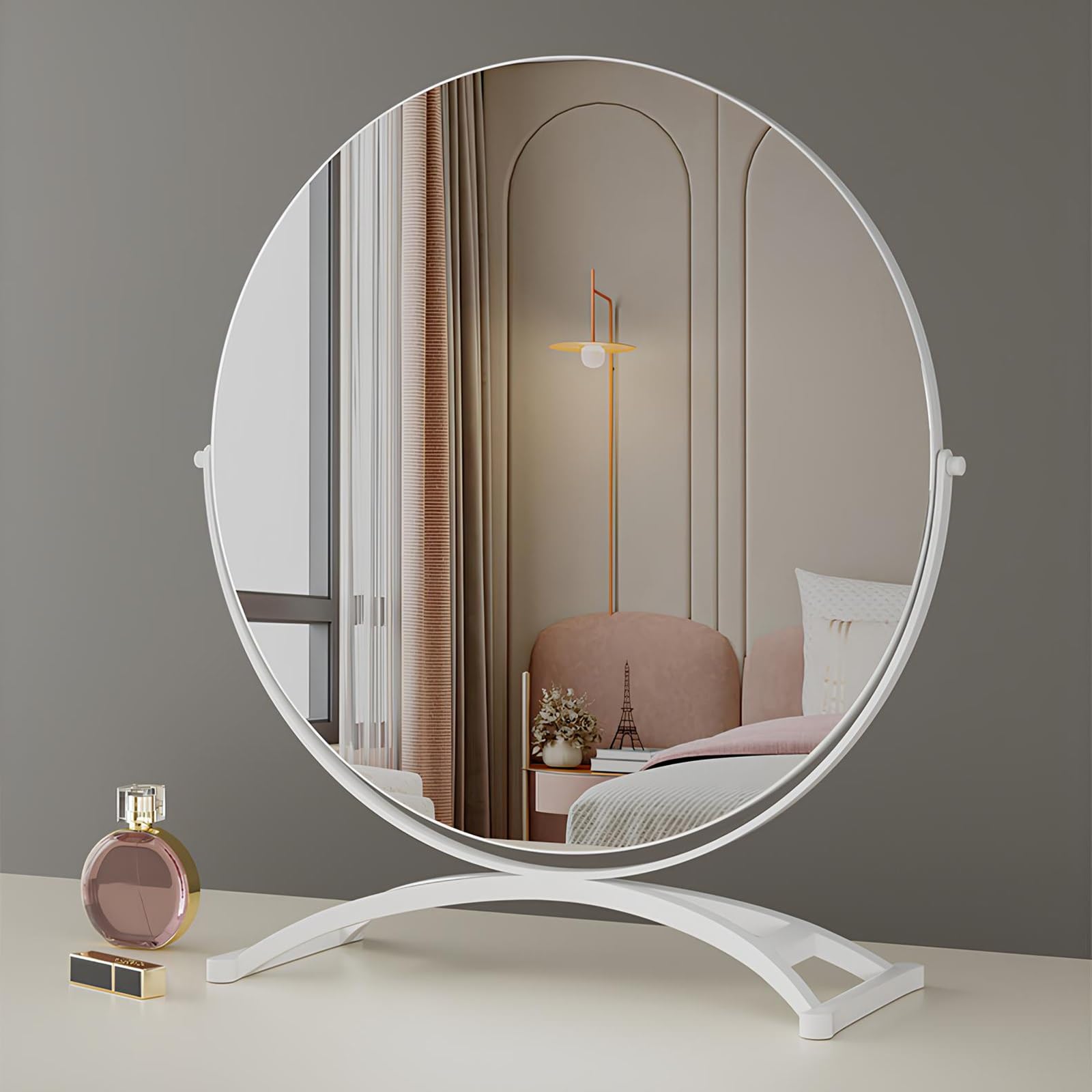 VQWQV 360° Rotation Modern Vanity Mirror, HD Desktop Makeup Mirrors, Metal Frame Dressing Table Mirror With Base For Bedroom Bathroom Decor(White,50cm/19.6in)