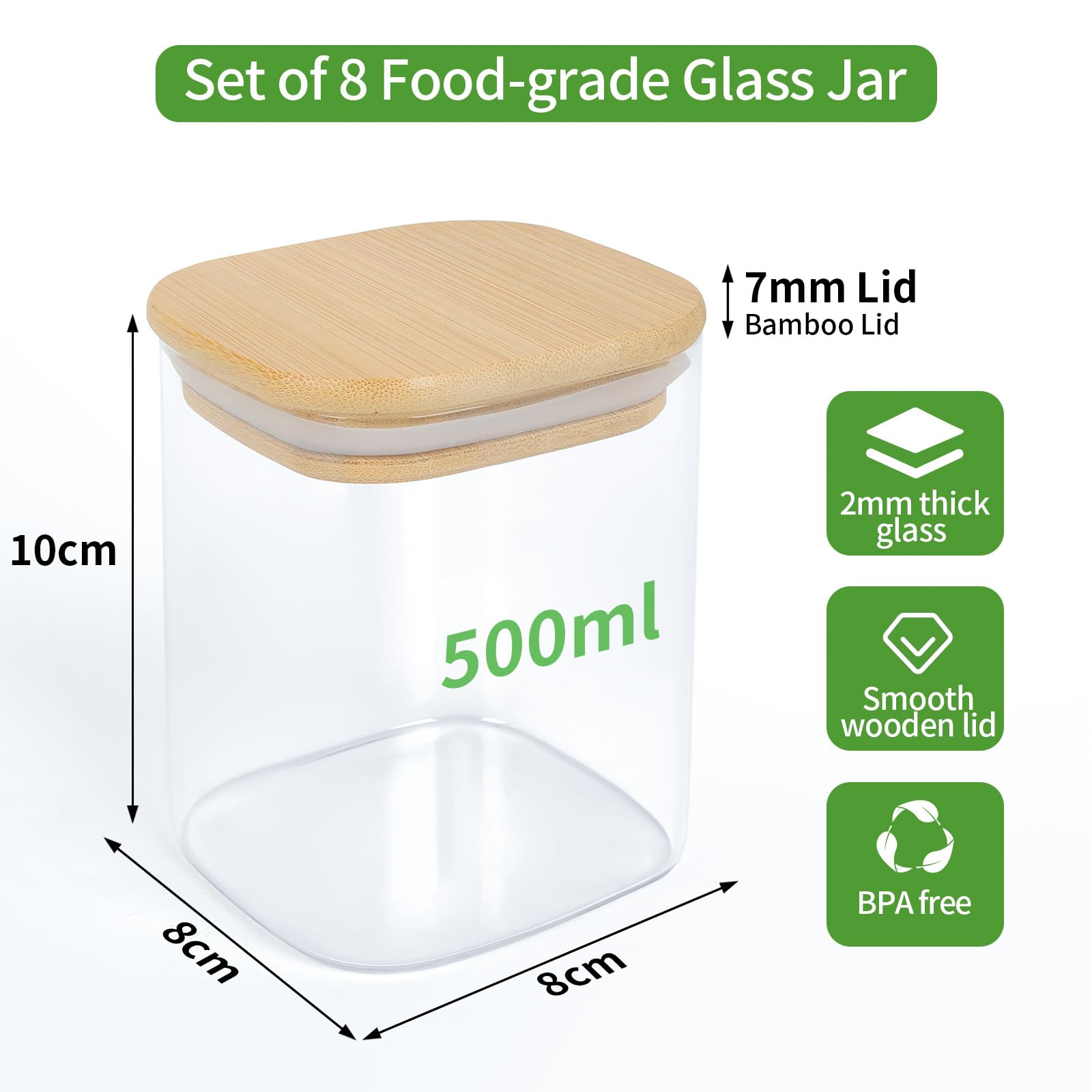 Withosent 8x 500 ml Zestaw szklanych słoików do przechowywania, słoiki na przyprawy kuchenne, kwadratowe drewniane pokrywki, słoiki do przechowywania z możliwością układania w stosy, pojemniki szklane
