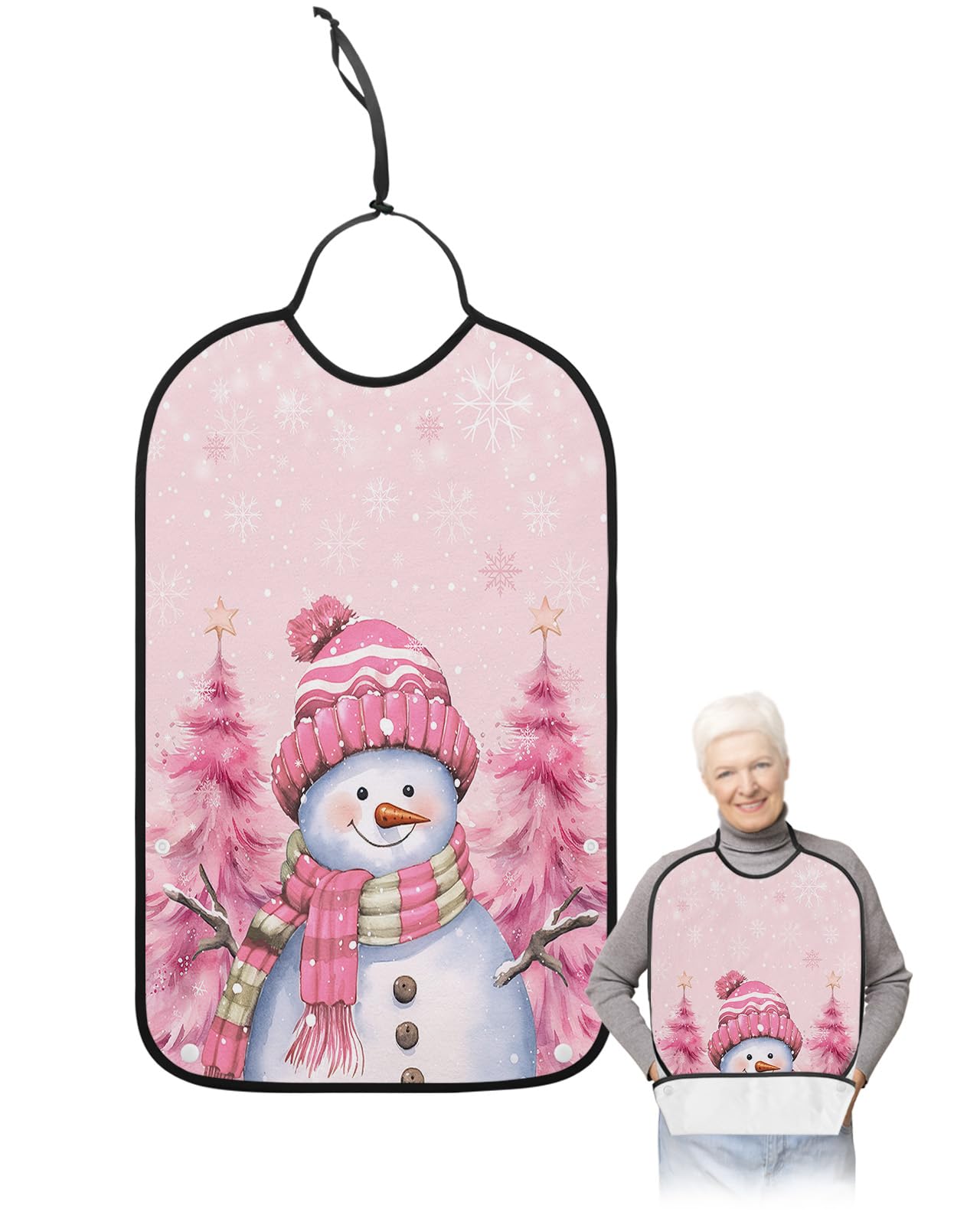 LEOKOTI Pink Snowman Christmas Adult Bibs for Eating, Waterproof Bibs with Food Catcher & Adjustable Snap Closure, Xmas Tree Winter Snowflake Pink Washable Clothing Protectors Adult Bibs for Elderly