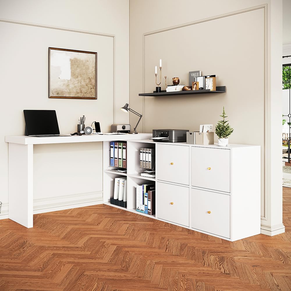 Sweiko Sideboard Table d'angle, Plateau pivotant à 360°,Peut être installée en L ou Droite, Plateau et Pieds renforcés de 4 cm, avec 4 Compartiments, 4 tiroirs (White)