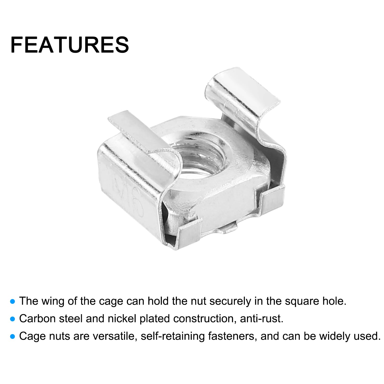 QUARKZMAN M6 x 1mm Dado a Gabbia, 50Pz Dadi a Gabbia Snap-In, Dado Metrico in Acciaio Carbonio Zincato per Armadio Rack Server, Argento