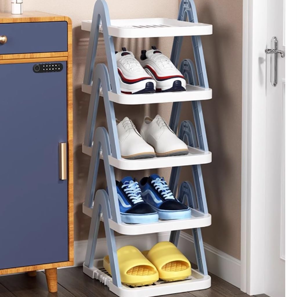 Scarpiera compatta regolabile a 5 ripiani per piccoli spazi, organizer verticale per scarpe con design salvaspazio autoportante (blu)
