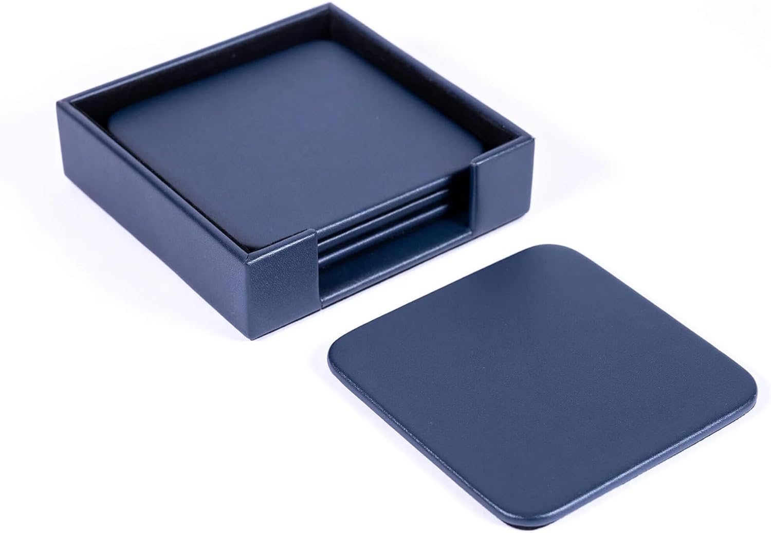 DACASSO Navy Blue Leatherette Square Coaster Set - Luxury Navy Blue Leatherette Square Coaster - Office Accessories & Executive Desk Decor (4pc)