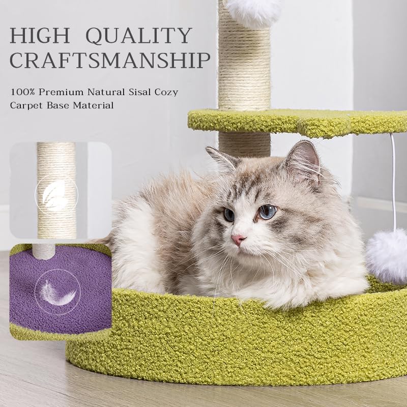 review Cat Tree Tower with Cozy Perch, 18.5 Inches Tall Premium Sisal Rope Scratching Posts with Interactive Dangling Ball for Indoor Cats,Kittens,Adult Cats, Green