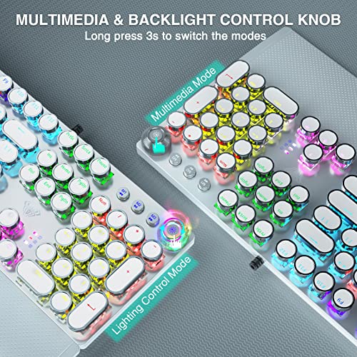 Aula F2088 Typewriter Style Mechanical Gaming Keyboard Blue Switch, With Removable Wrist Rest, Media Control Knob, Rainbow Backlit, Retro Punk Round Keycaps, Full Size Wired Computer Keyboard, White #TOP4