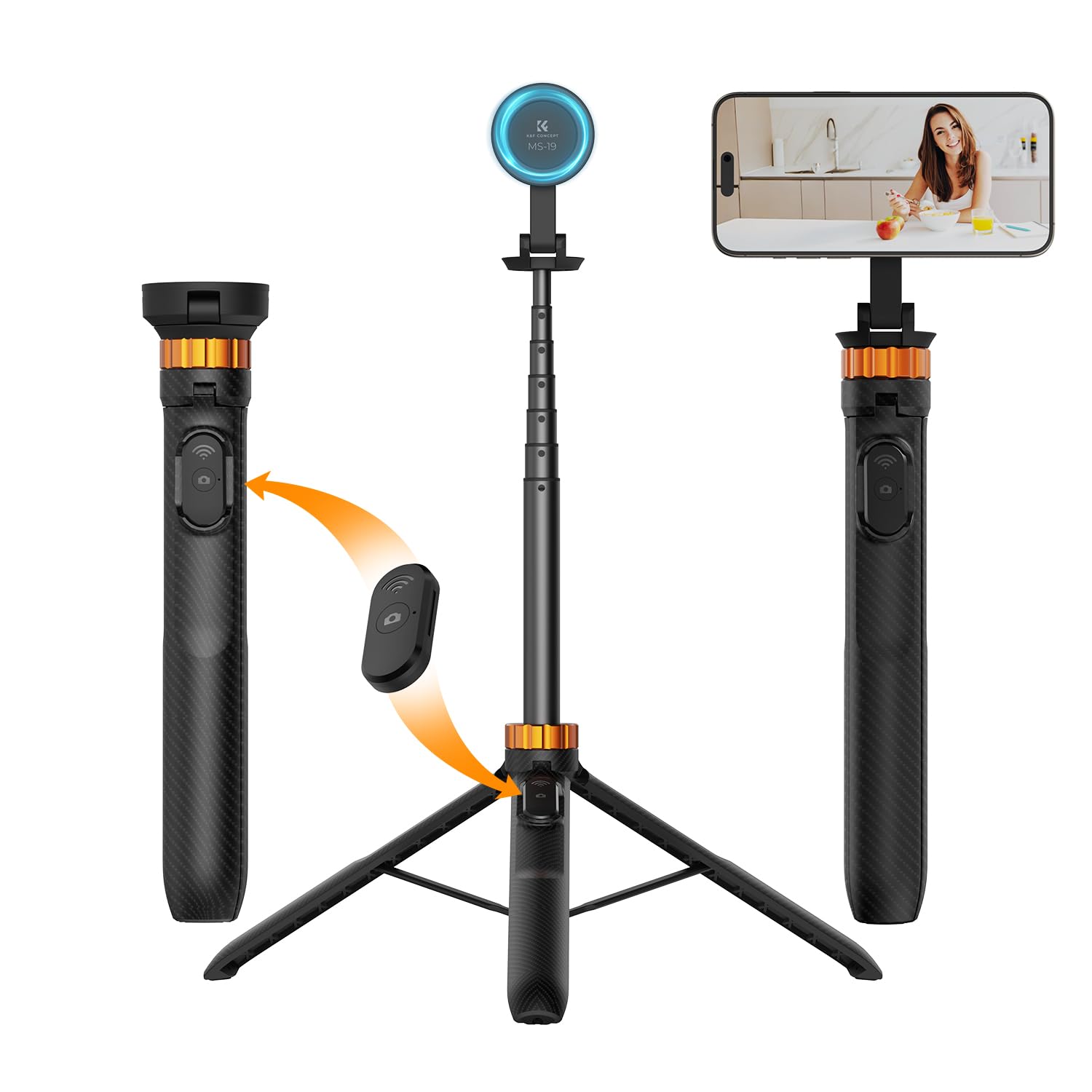 K&F CONCEPT MS19 Magnet Selfie Stick,162CM Handystativ mit Abnehmbarer Fernbedienung, Stativ für Smartphone, Mini-Stativ Kompatibel mit iPhone 17/16/15/14/13, Magnetischer Ring ausgestattet