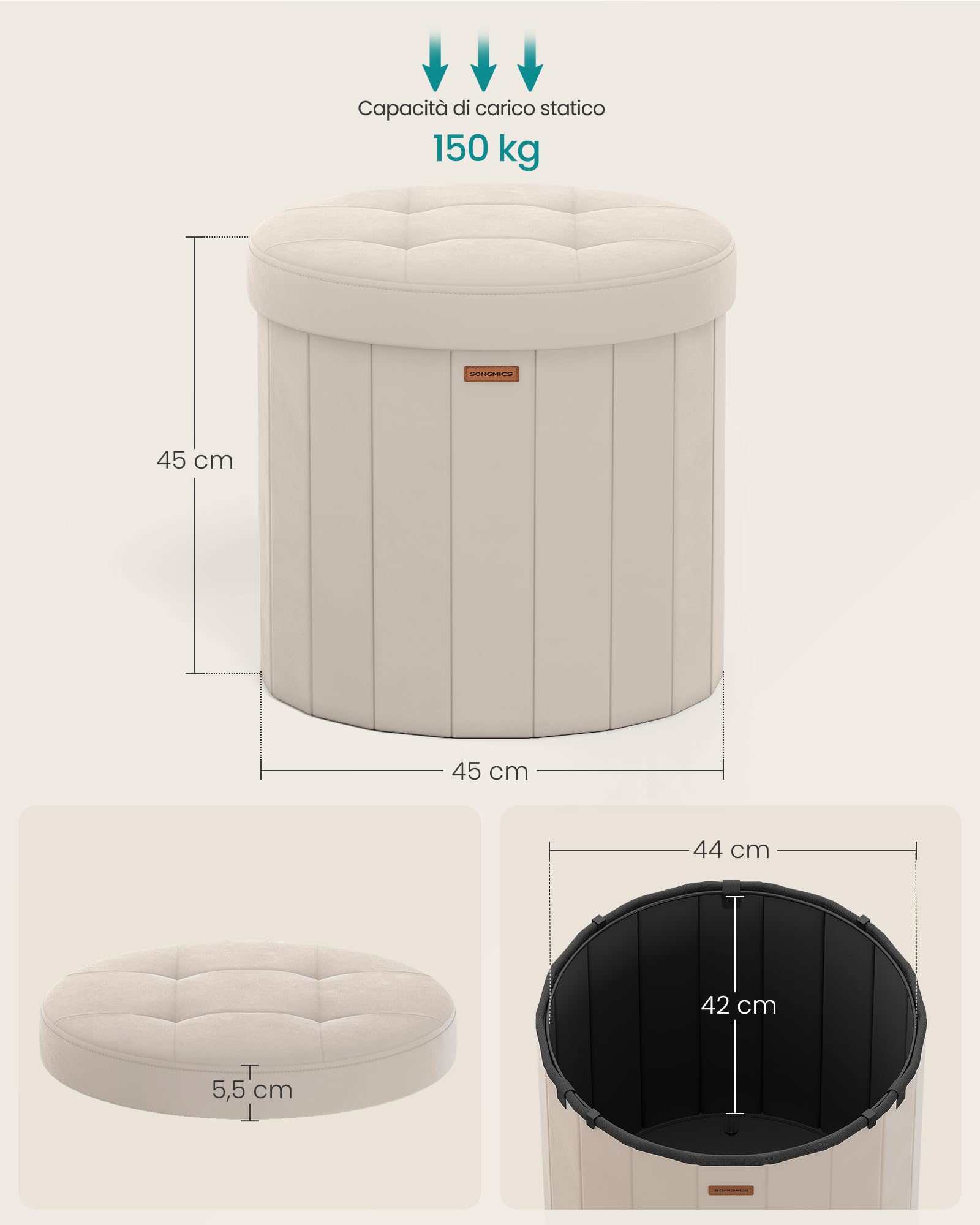 SONGMICS MAZIE Collezione - Pouf Contenitore Rotondo, Sgabello Poggiapiedi Pieghevole con Coperchio, Cassapanca, Montaggio Facile, Velluto per Camera, Soggiorno, Ingresso, Beige Cappuccino LSF608L01