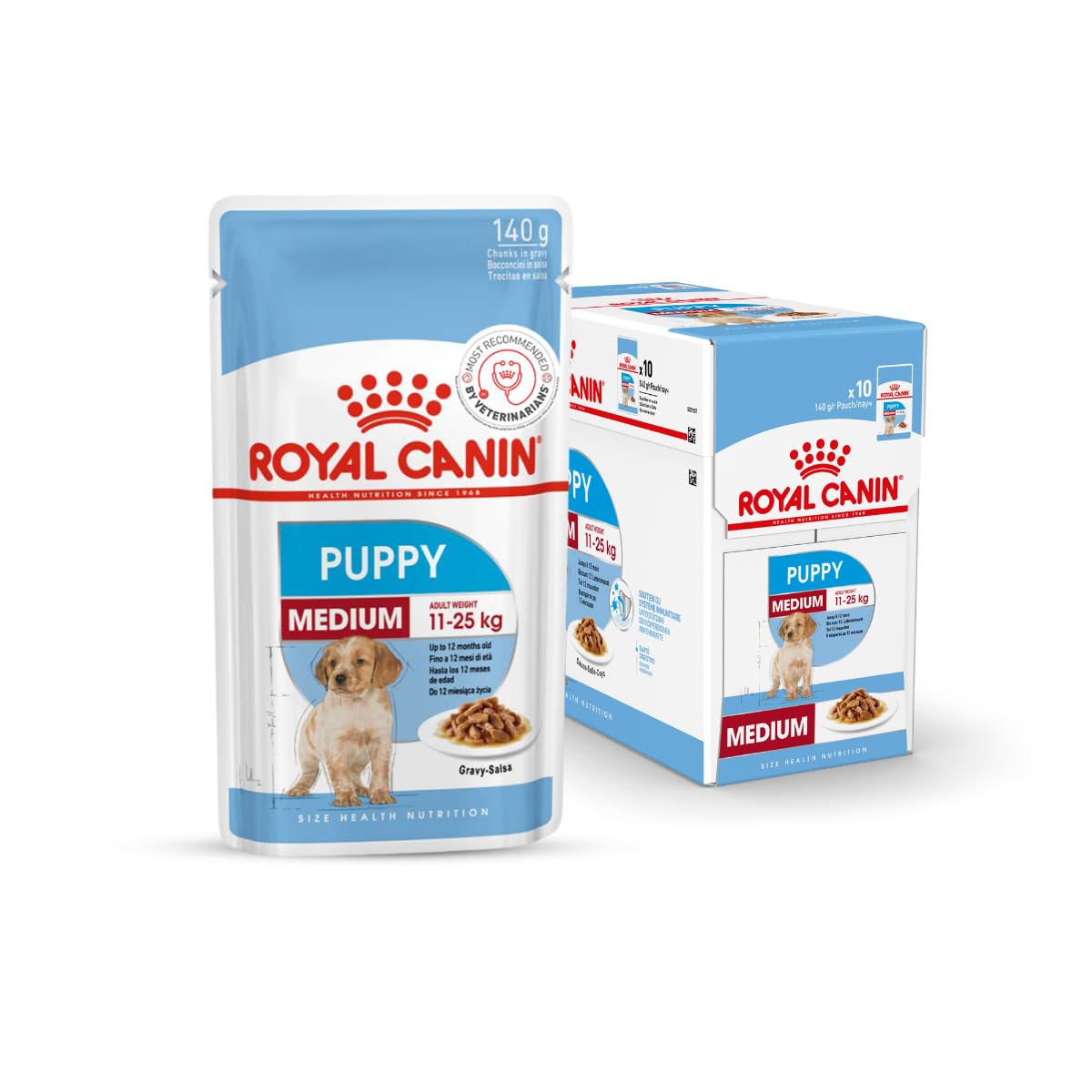 Royal Canin Medium Puppy for Stage 3 Puppies, Puppy Food, 140 Grams, Pack of 10 Sachet, Wet Food, Supports Strong immunity System & Brain Health, Promotes overall development