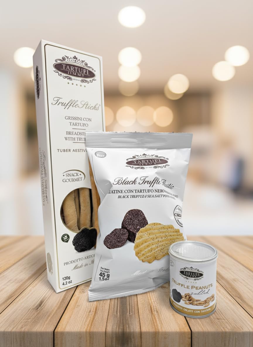 Coffret Apéritif Gourmet à la Truffe Noire | Chips Rustiques, Gressins Artisanaux & Cacahuètes Salées au Truffe Noire | Snack Italien Haut de Gamme – Made in Italy