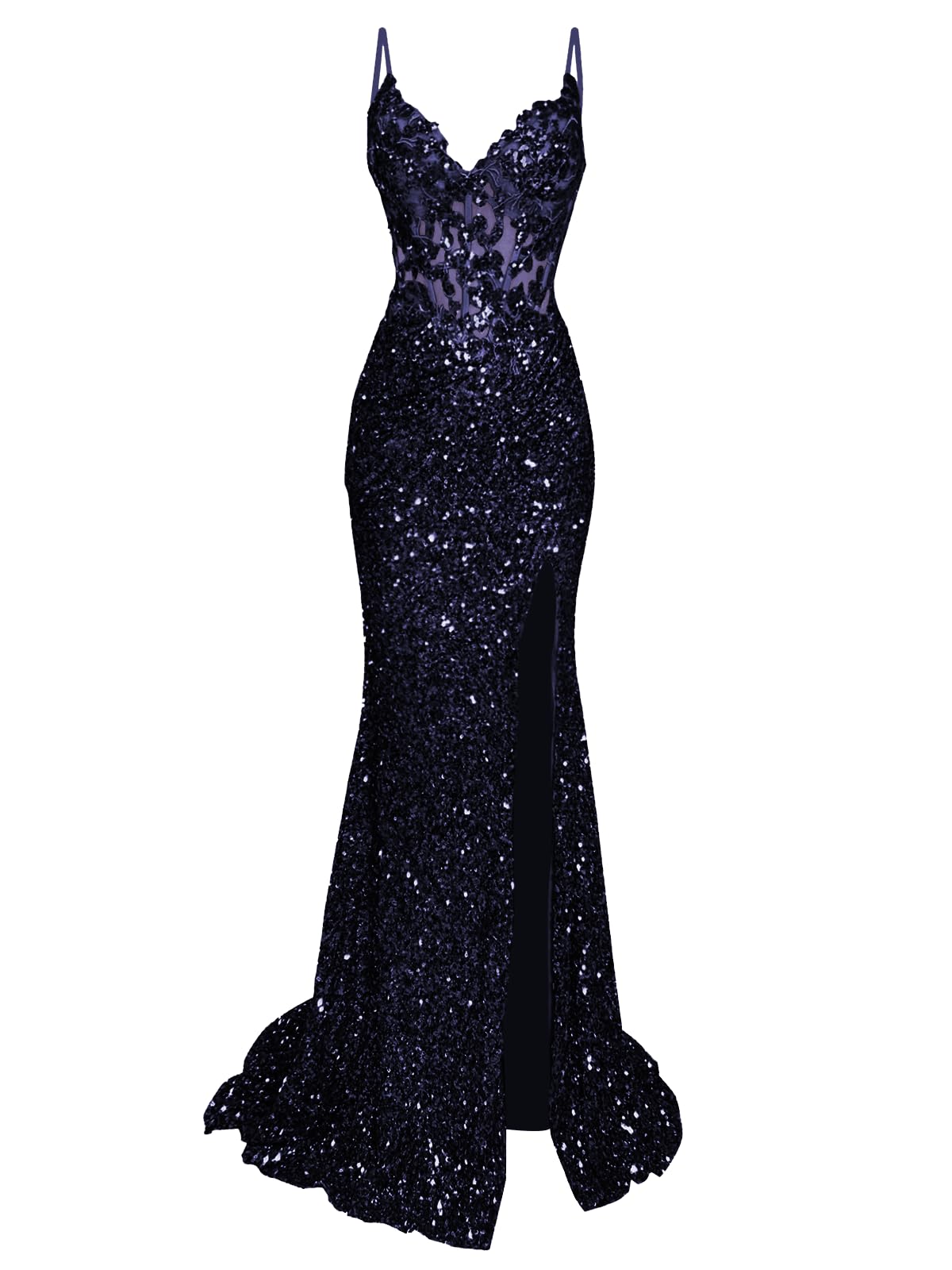 Sequin Prom Dresses Sparkly Long Spaghtti Straps V Neck Mermaid Ball Gowns for Women