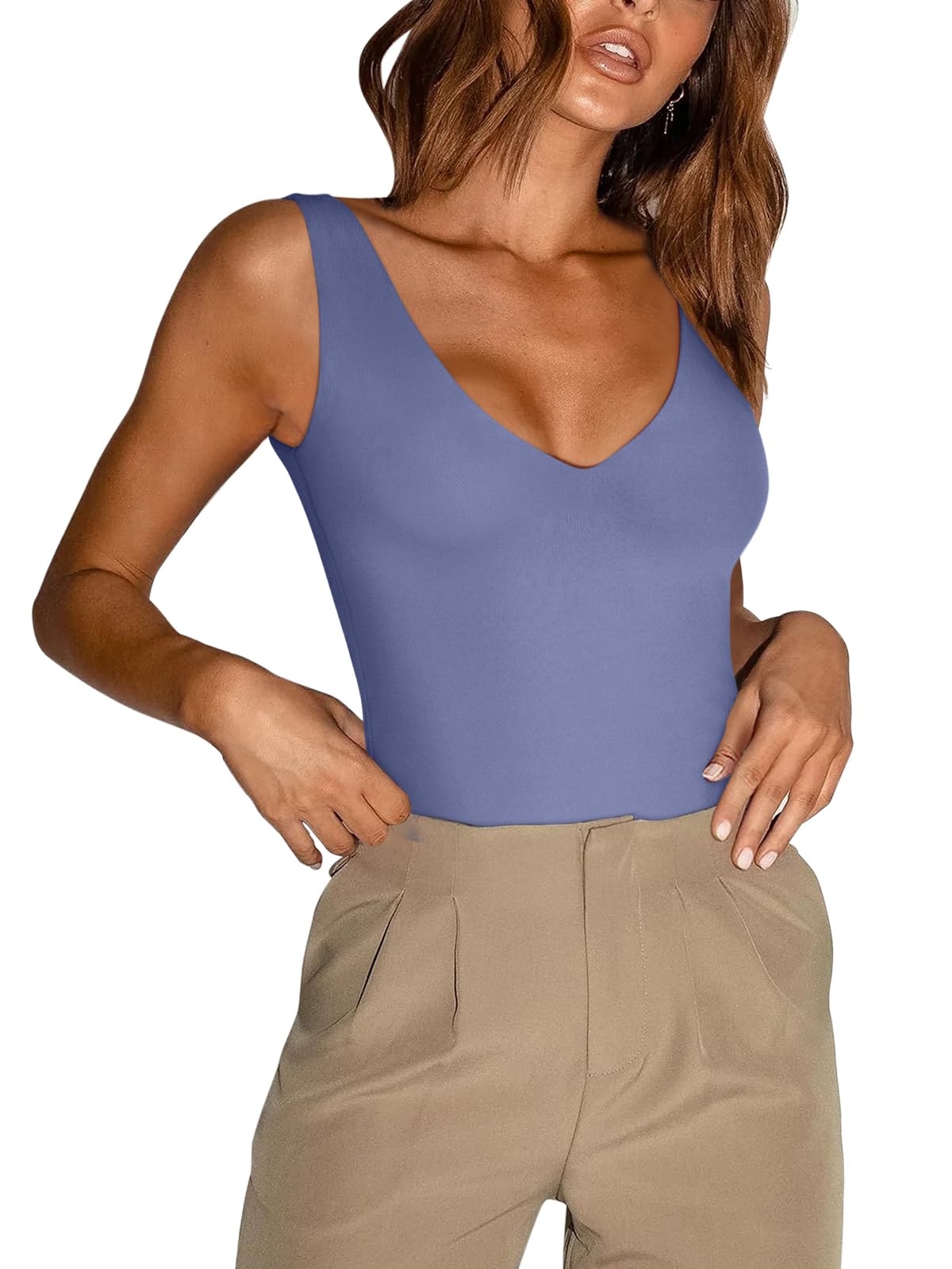 REORIA Butsmooth® Women’s Trendy Sexy Plunge Deep V Neck Sleeveless V Backless Going Out Tank Bodysuits Tops