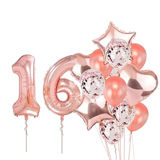 Pop The Party Rose Gold 16 Balloon For 16th Birthday -Large Pack of 17 | Rose Gold Confetti Star and Heart Foil Balloon Bouquet For Party Decoration | Great For 16th Birthday Party Decoration Suplies