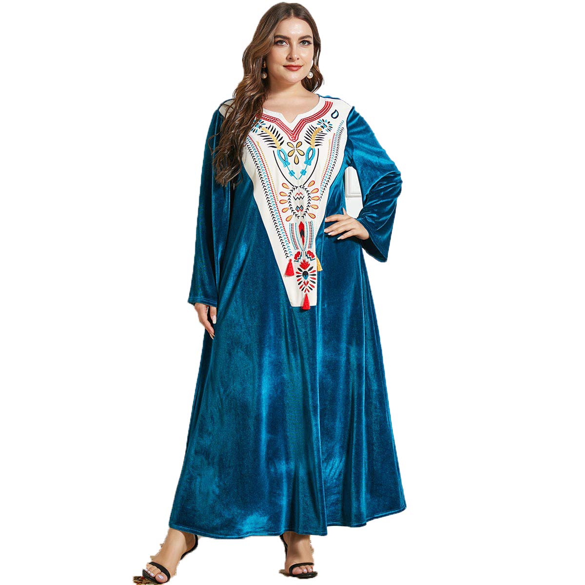 H/SAmaonz Large Women's Casual Maxi Dress Fashion Embroidery Long Sleeve Contrast Stitching Arab Robe Dresses