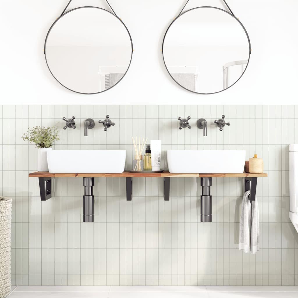 Scaffale per lavandino, montaggio a parete, in acciaio e legno di acacia, 120 x 40 cm, robusto scaffale da bagno per lavabo, salvaspazio e versatile