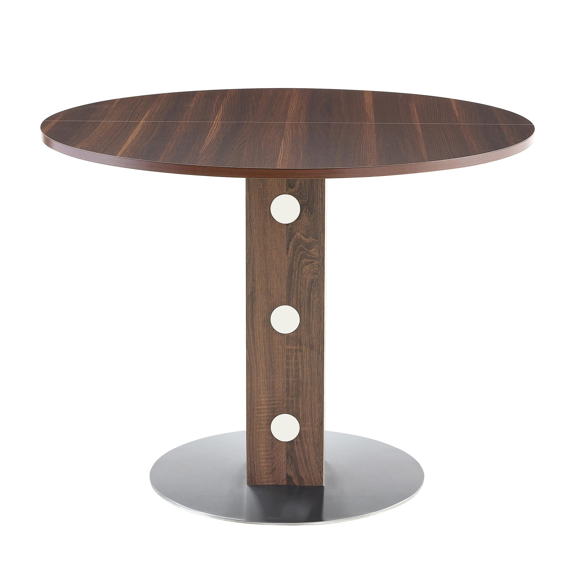 TIZZ Moderno tavolo da pranzo rotondo con piedistallo quadrato in legno e accenti a specchio, venature del legno di noce e base in metallo, per 2-4 persone, ideale per cucina, sala da pranzo e piccoli