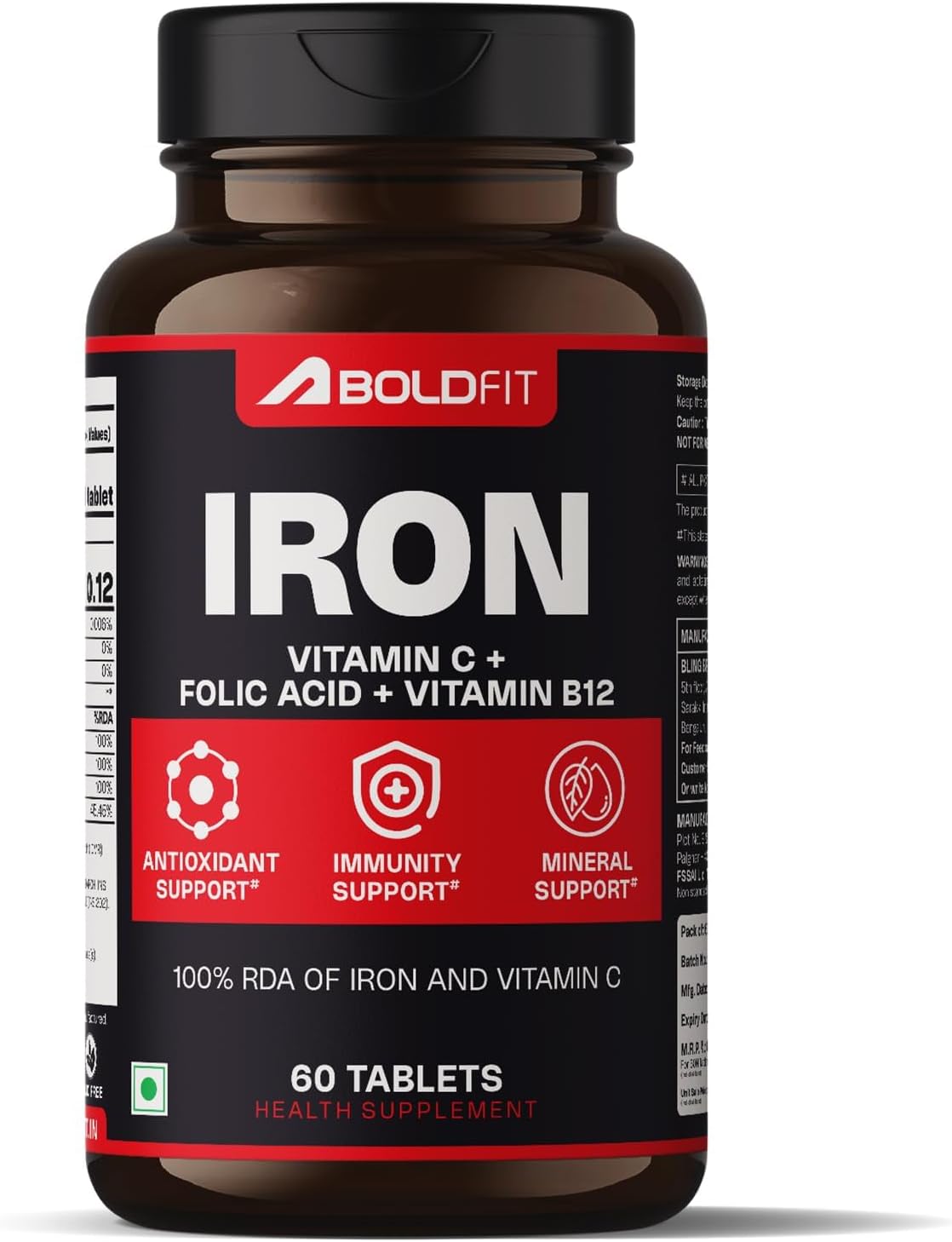 Iron Supplement for Women & Men Iron Bisglycinate with Vitamin C Folic Acid & Vitamin B12 Gentle on Stomach,Non-Constipating Tablets - 60 Count
