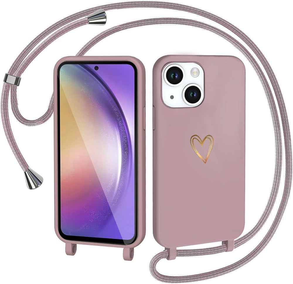 IPhone 14/13 Hülle Mit Band – Silikonhülle Mit Herz-Muster & Abnehmbarer Umhängekordel, Grün
