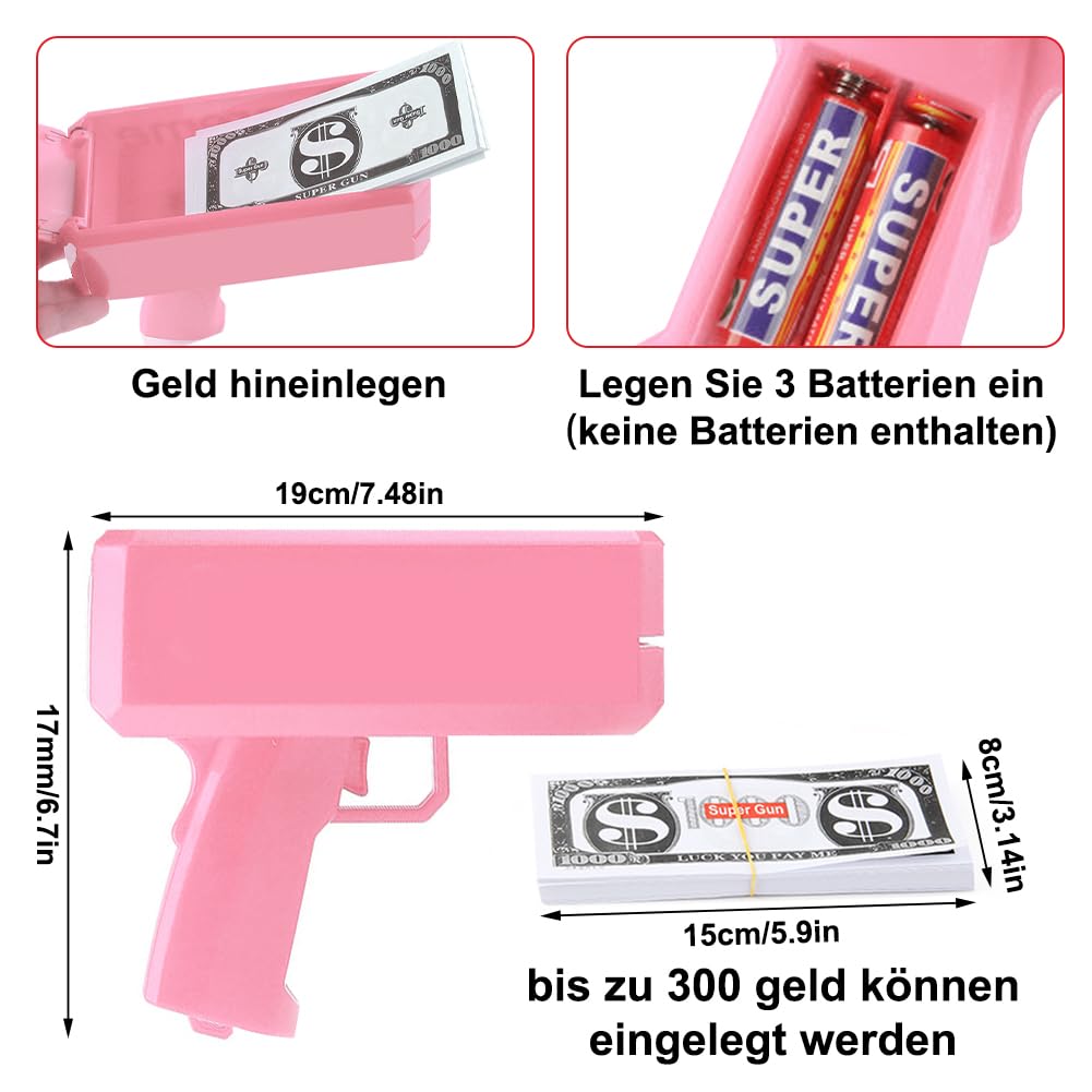 Pistola De Dinero Rosa Con 100 Billetes De Juego – Lanzador De Billetes Con Motor Potente – Accesorio Para Fiestas Y Cumpleaños – Funciona Con 4 Pilas AA (No Incluidas)