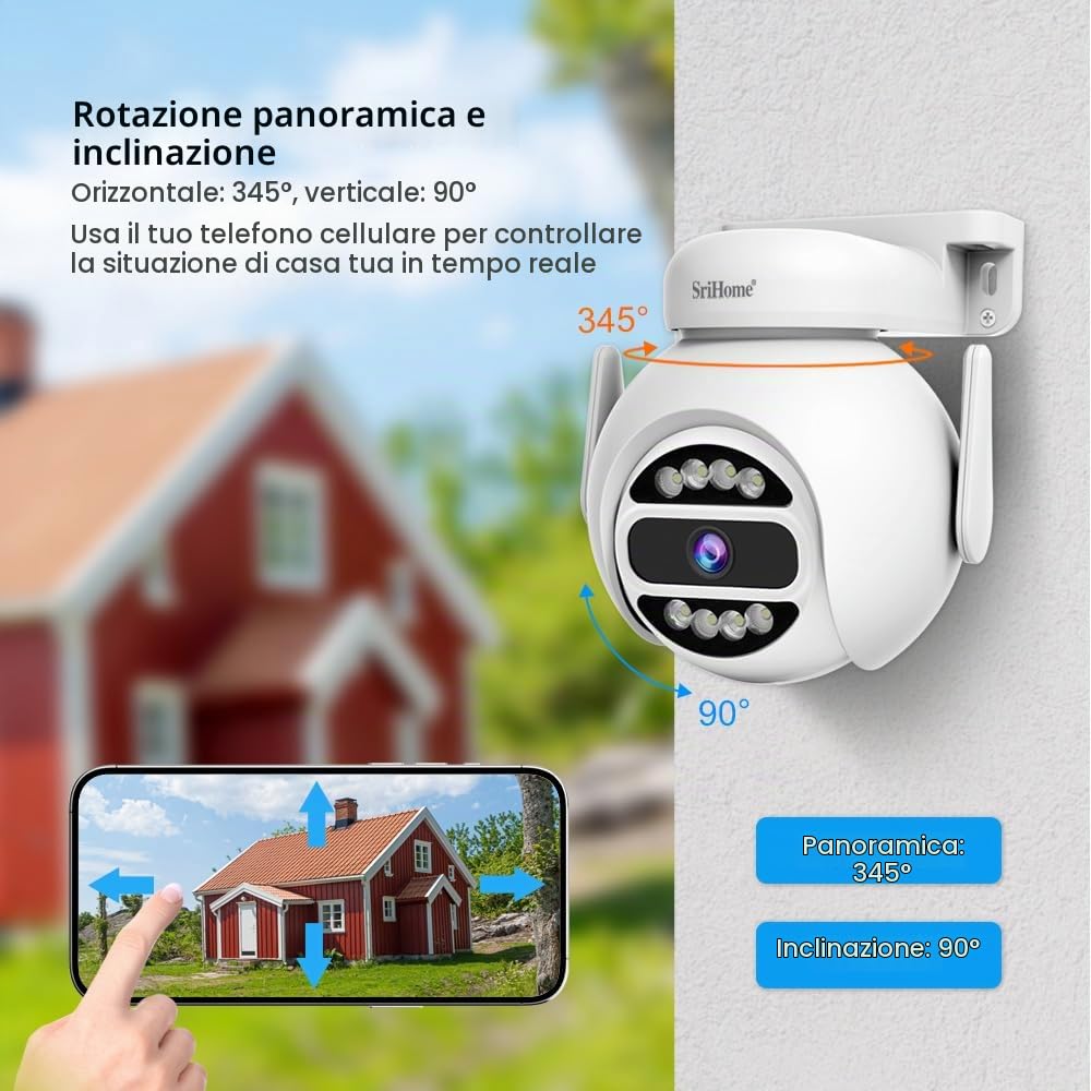 SRIHOME 4MP Rete WiFi a Doppia Banda, Fotocamera di Sorveglianza PTZ, Inseguimento Movimento, Visione Notturna, IP66 Impermeabile, Audio 2-Way, Tutela Della vita Privata, Uso Interno/Esterno