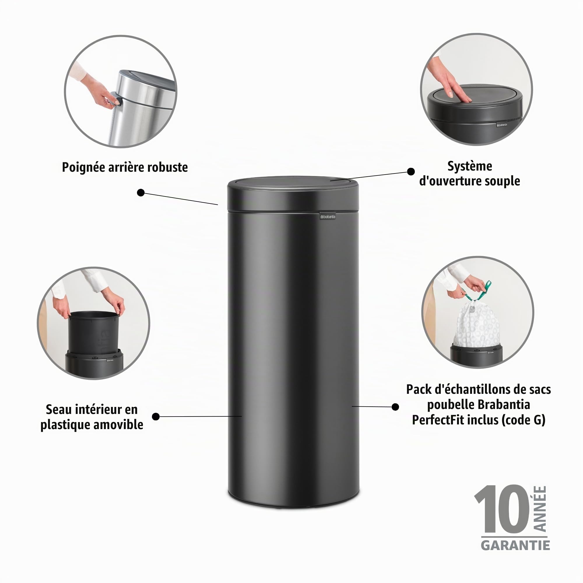 Brabantia Bo Touch Poubelle de cuisine 30 L | Grande poubelle douce au toucher avec seau intérieur | Poubelle à dos plat peu encombrante pour la cuisine | Solution de déchets élégante | Gris confiant