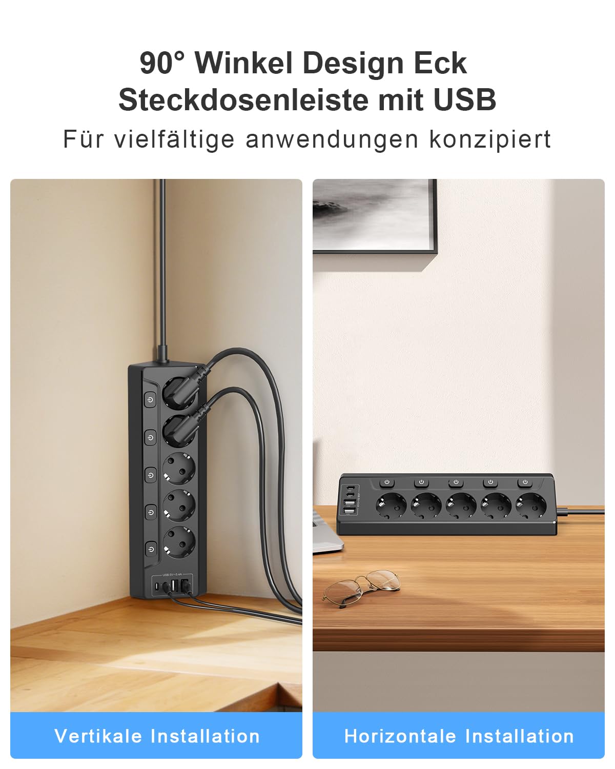 Presa Angolare con Interruttore Indipendente, Ciabatta con 4 USB (2 USB C)+5 Prese con Protezione per Bambini, 3680W, Cavo di Prolunga da 2M per Cucina, Ufficio, Casa (nero)