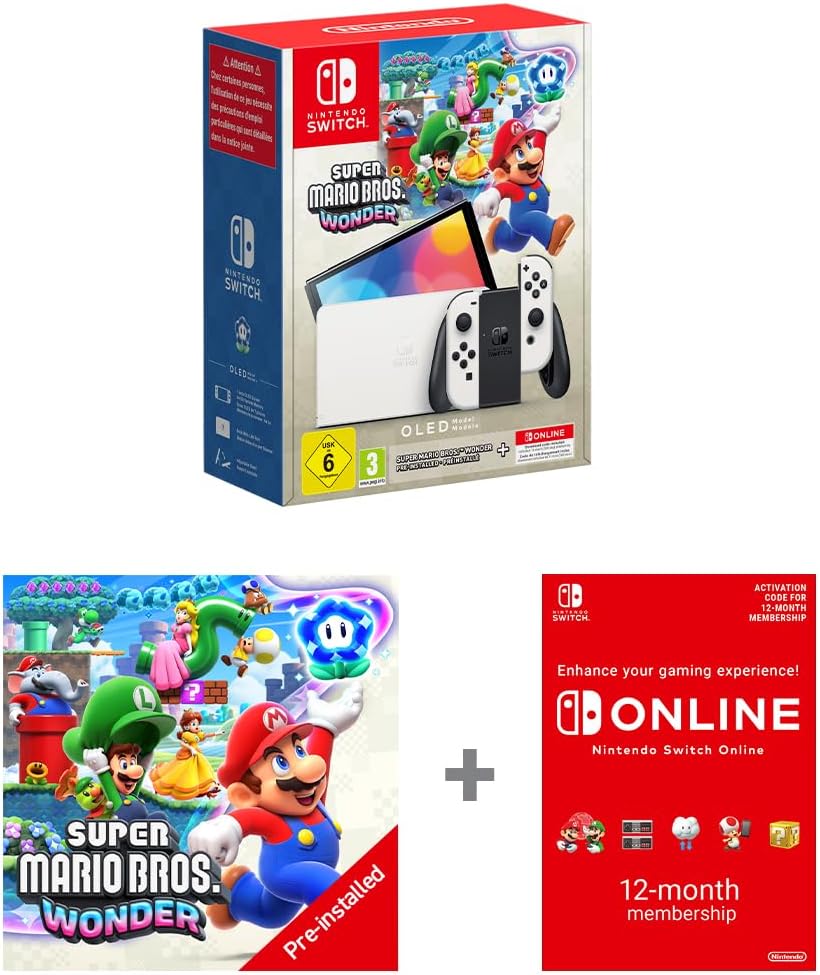 Nintendo Switch - OLED Model (White) + Super Mario Bros. Wonder Pre Installed Switch Online 12 Month Subscription Redemption Code