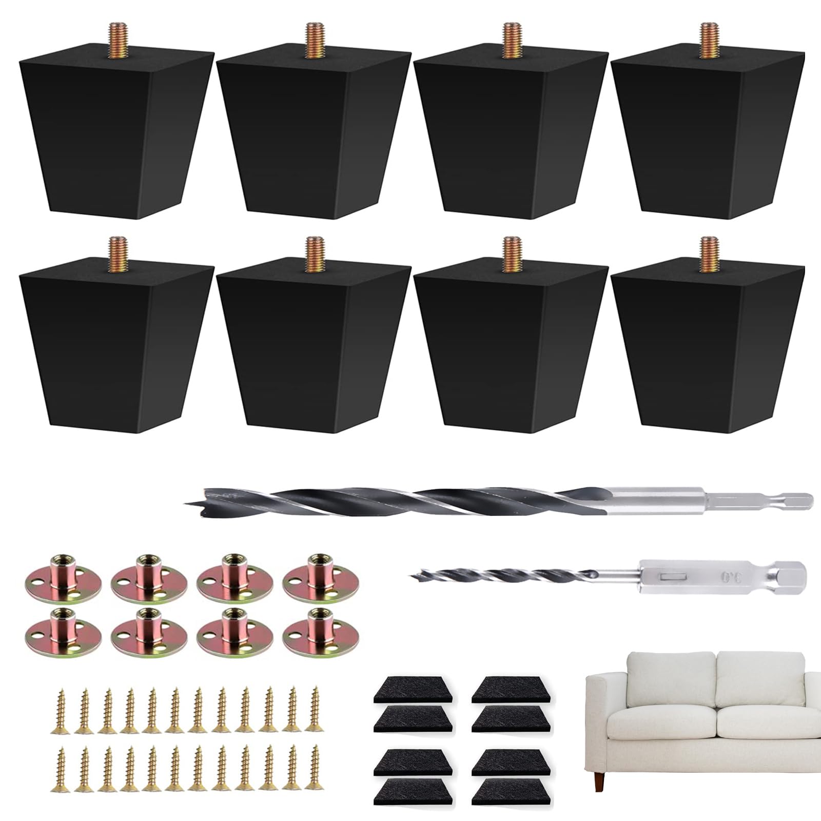 Txcucc Sofa Legs Square Bed Feet 2 inch Wood Replacement Leg for Furniture Set of 8,Black (2”, 8set)