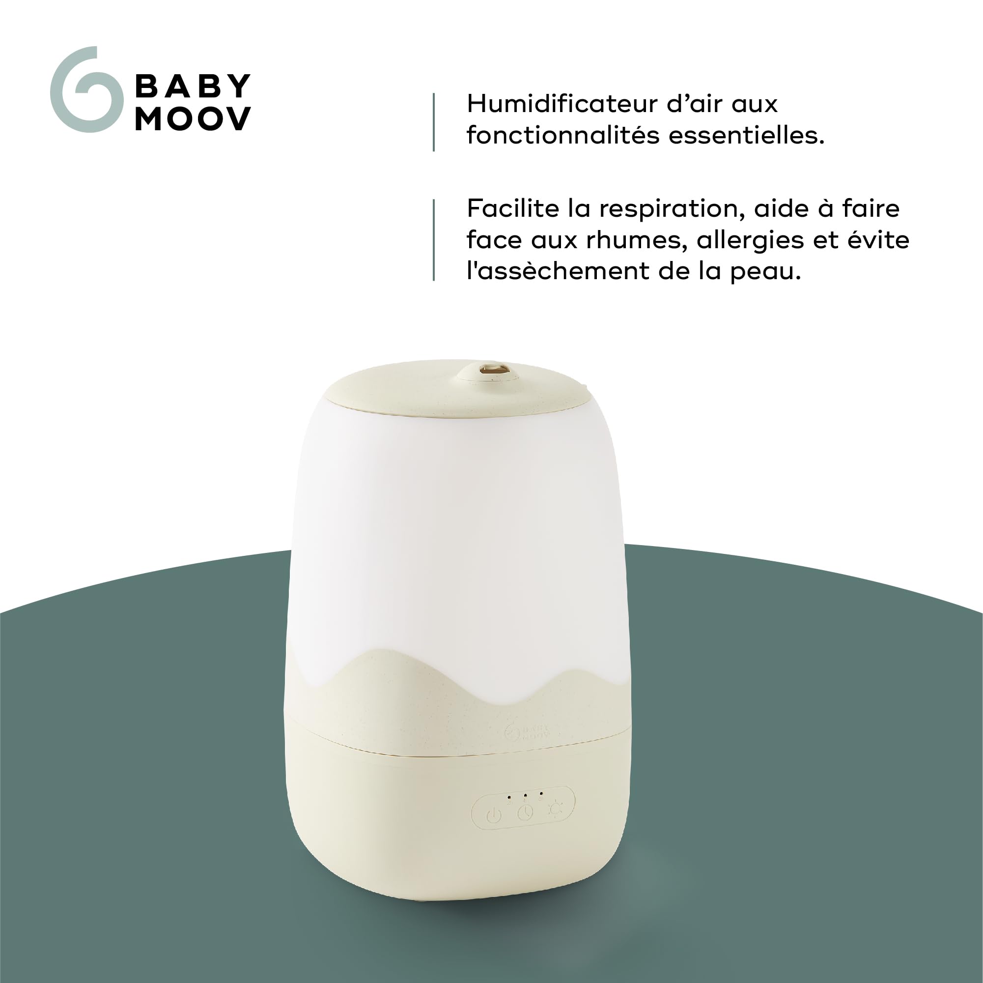 Babymoov Humidificateur d'air Wave - Vapeur Froide - Longue Autonomie Jusqu'à 26h (4L) - Minuterie 2, 4, 8h - Arrêt Auto Buse 360°- Simple d'Utilisation - Veilleuse Multicolore - Silencieux