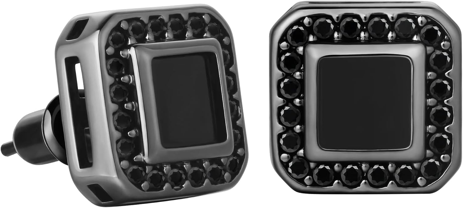 VEXXS Men’s Stud Earrings, S925 Sterling Silver Earrings, 18K Real Gold Plated Diamond Earring, Micro Pave 5A Cubic Zirconia Stones Men’s Black Earring
