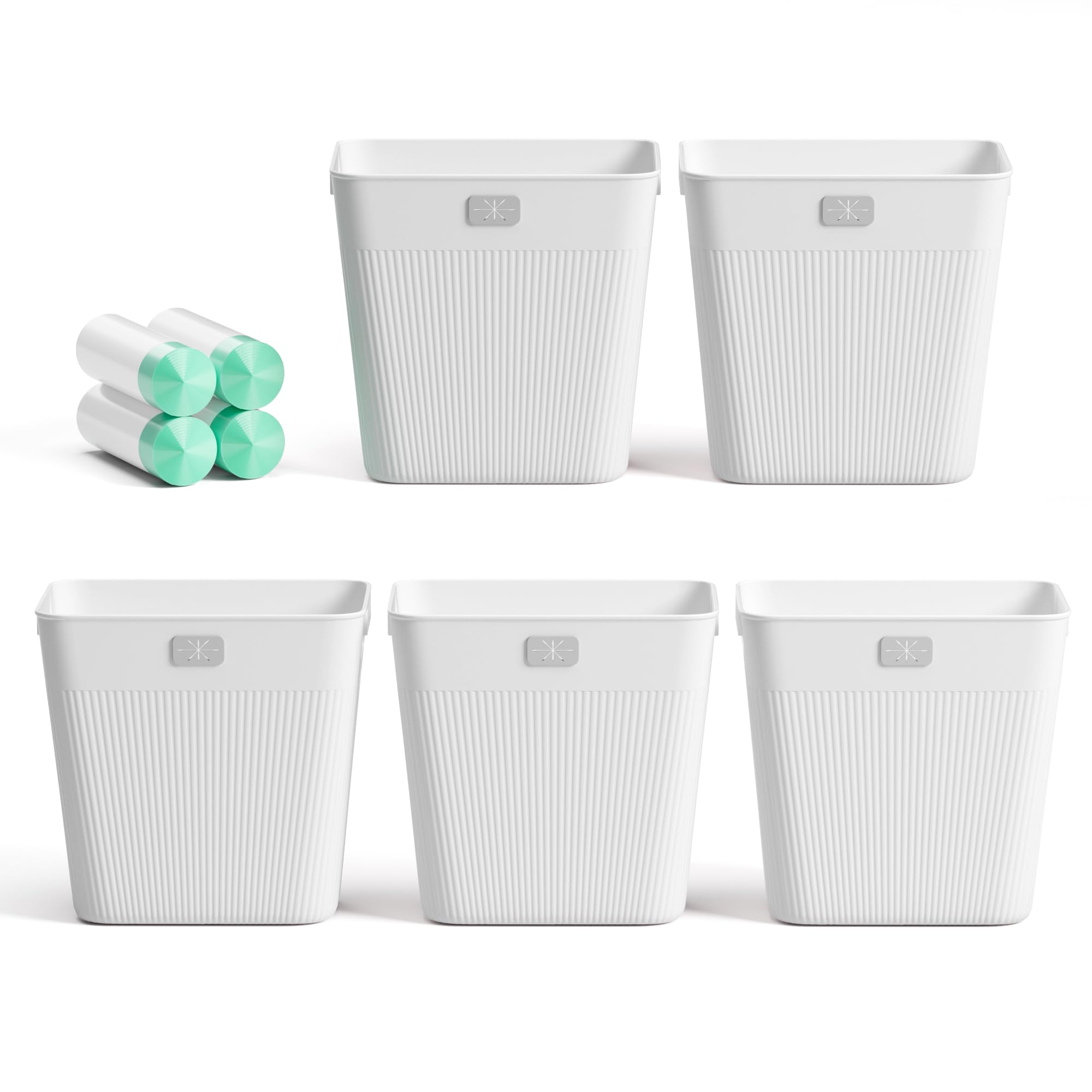 Photo 1 of JOYMOOP Slim Trash Can 5-Pack, 2.2 Gallon Wastebasket with Bags, White