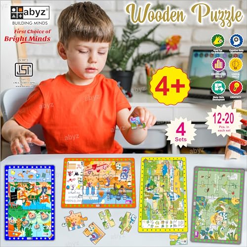 Image of ABYZ Wooden Jigsaw Puzzle - Evening at Park, Lions & Foxes, Farmers Garden, Insects Expedition Playset for Little Explores, 63 Pieces - Pack of 4 | Birthday Gift for (3 Plus Years) Age Kids.