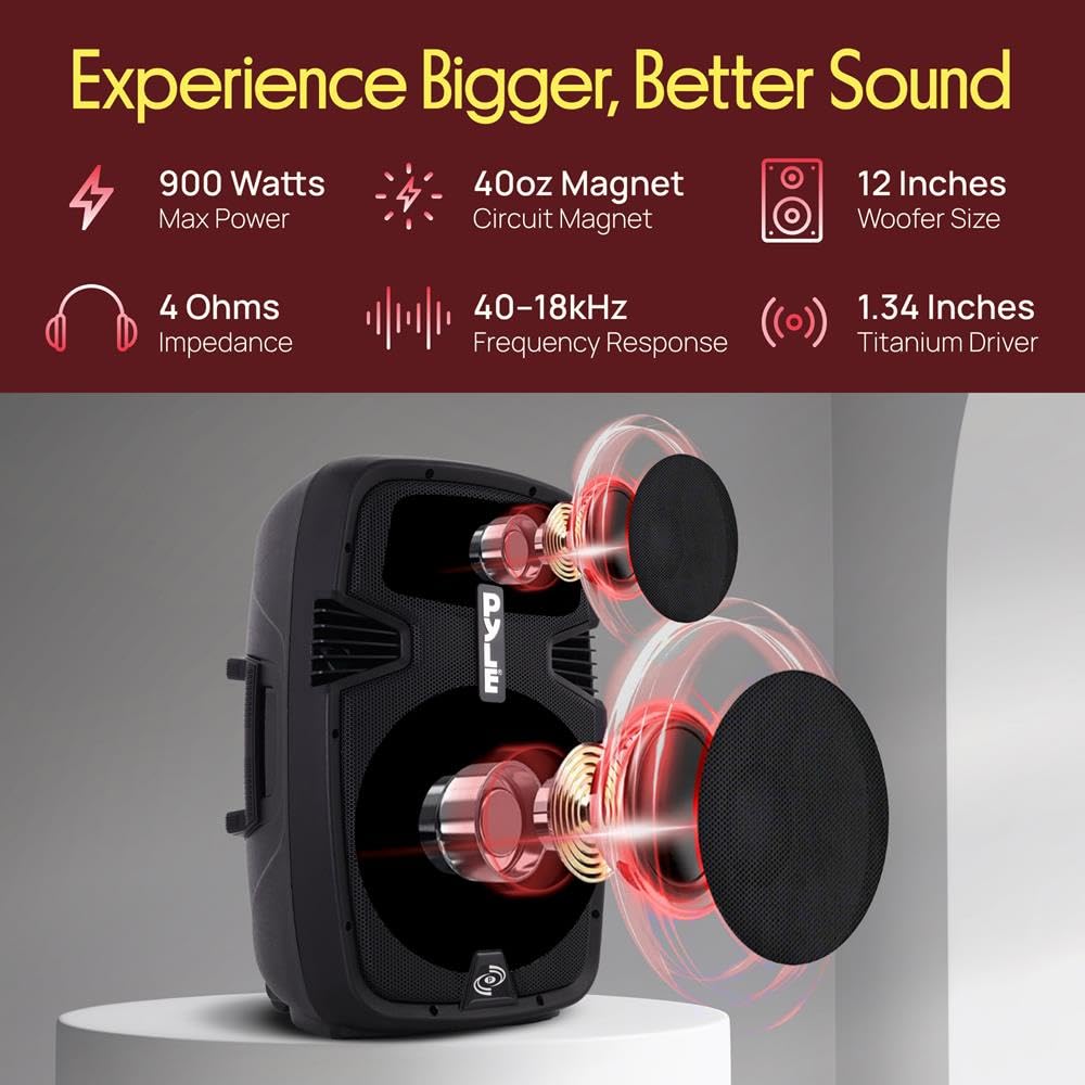 Pyle Aktywny Głośnik PA Bluetooth – 12-Calowy Głośnik Estradowy z Subwooferem, Przenośny Monitor DJ, Wzmacniacz Stereo z Wbudowanym USB do Odtwarzania MP3