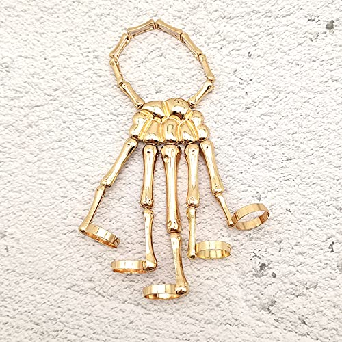 JWICOS Halloween Exaggerate Skull Skeleton Finger Hand Bracelet with Rings Metal Gothic Bangle Bracelet for Women (Gold)4