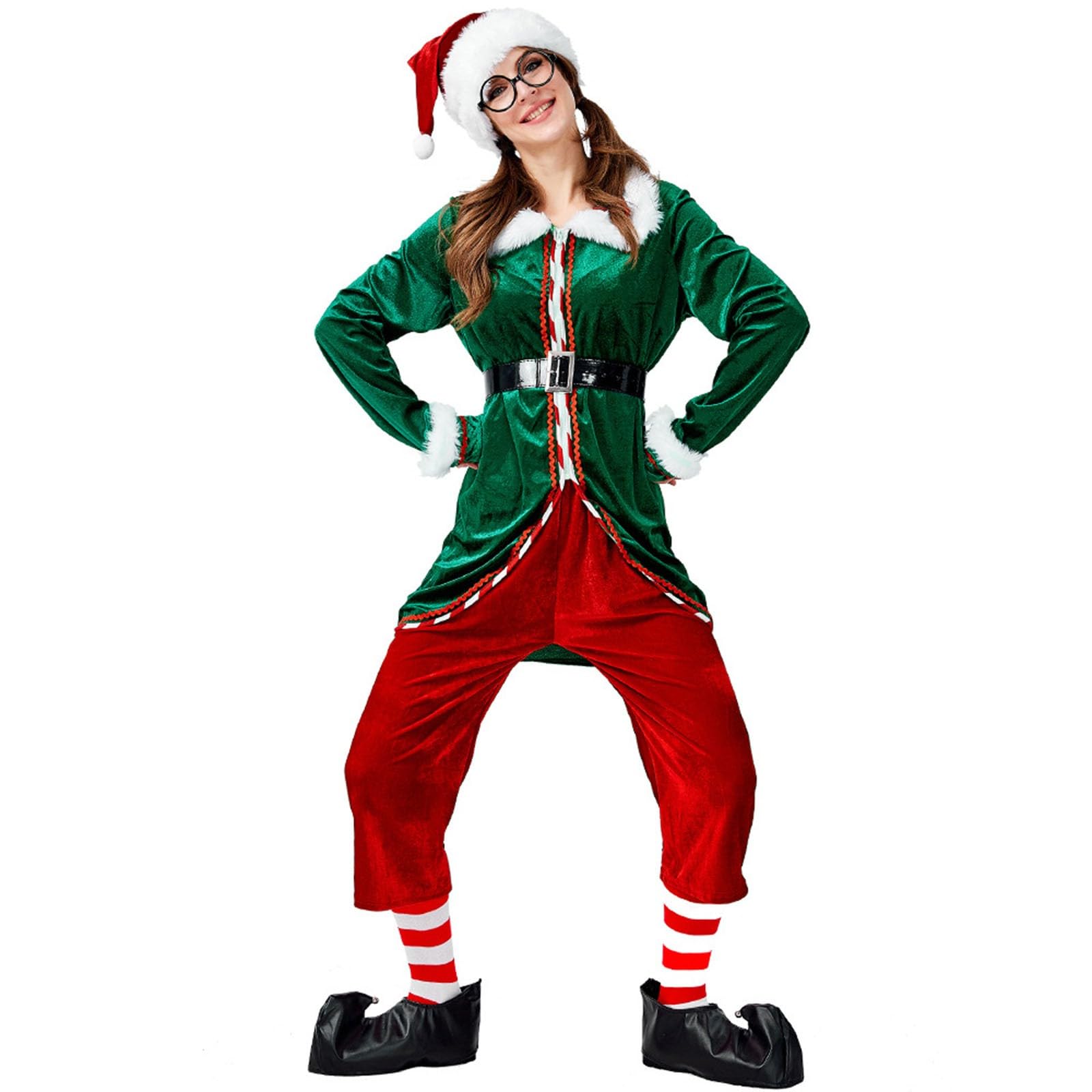 Générique Costume De Lutin Noël Pour Femme Et Homme Deguisement Noel Vêtements D'Elfe Fête Costumes Vert Robe Soirée Velours Fourrure Ensemble Chapeau Chemise Pantalon