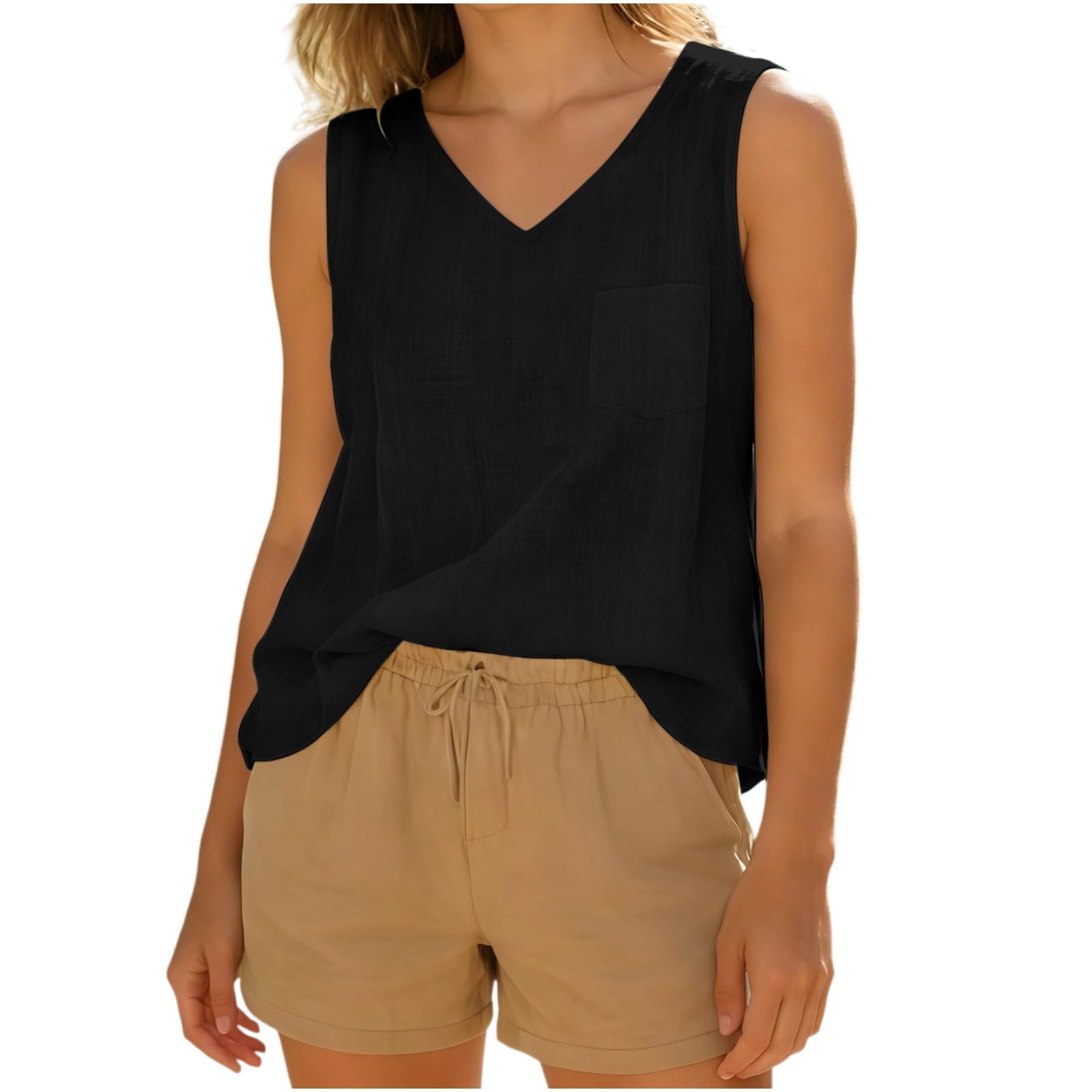 Tank Top Femme Coton et Lin Respirant Débardeur Col en V Tee Shirt sans Manche Haut Femme Maillot de Corps Décontracté Crop Top Élégant D'été Sport Hauts Couleur Unie Vêtements Chic