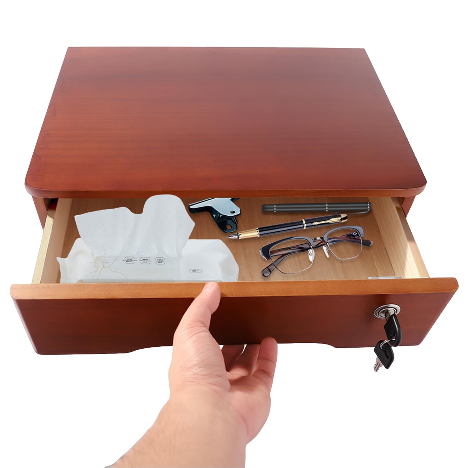 Organizer da scrivania in legno con cassetto chiudibile a chiave, per ufficio, cassetti, capacità per cancelleria, motivo ciliegia, 40 x 28 x 12 cm (colore noce)